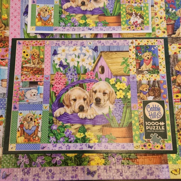 COBBLE HILL 1000-PIECE JIGSAW PUZZLE PUPPIES AND POSIES QUILT W/POSTER COMPLETE - Picture 1 of 4